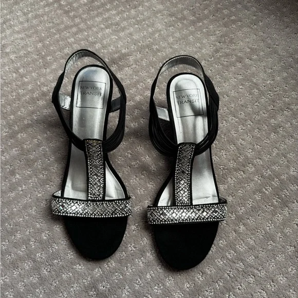 New York Transit Black and Silver Rhinestone Wedges - Picture 3 of 7